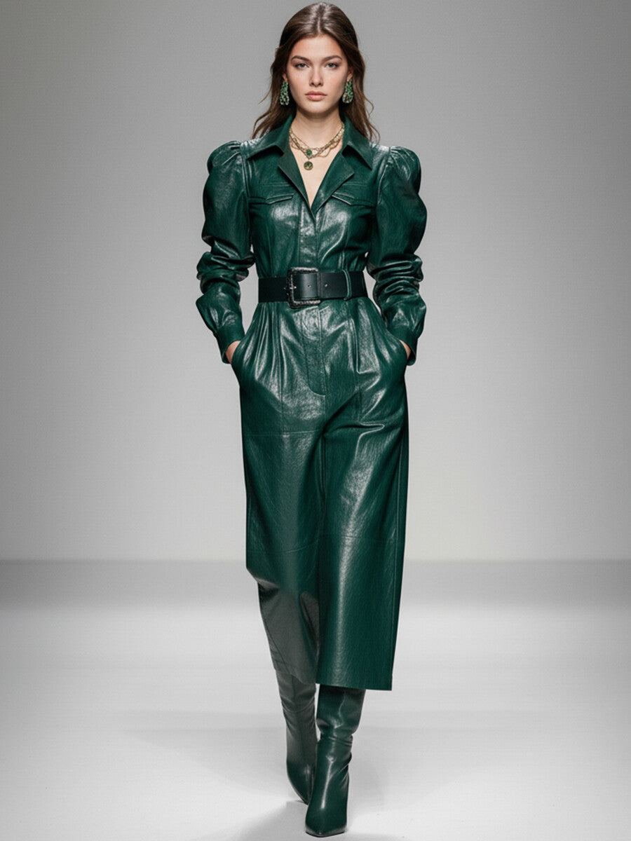 Ursiime Business Casual Green Turndown Collar Puff Sleeve Long Sleeve Pocket Casual PU Leather Jumpsuits [Pre-Order]