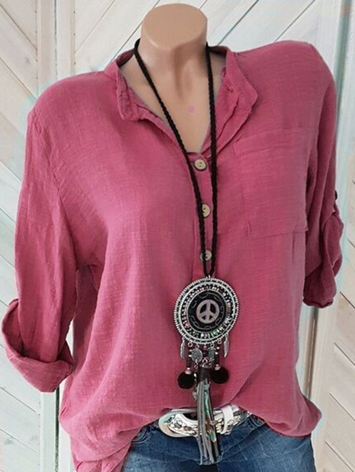 Daily V Neck Buttons Long Sleeve Solid Blouses