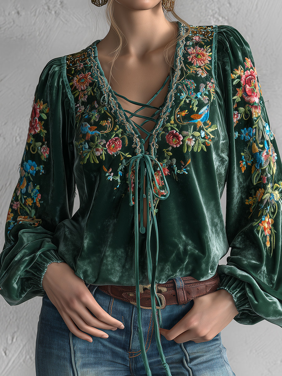Ursiime Dark Green Velvet Floral Print Lace-Up V Neck Lantern Sleeve Blouse