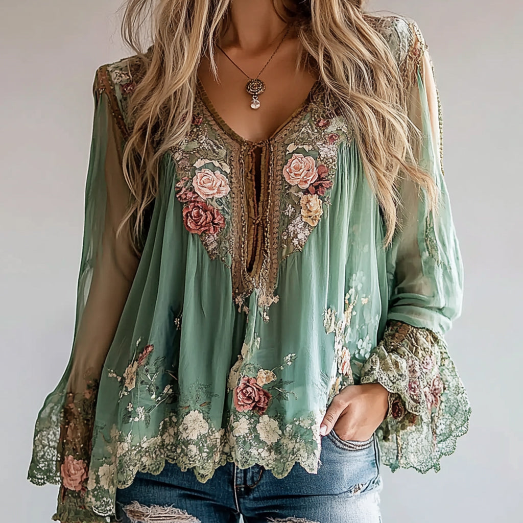 Ursiime V Neck Long Sleeve Floral Pattern Asymmetrical Hem Blouse