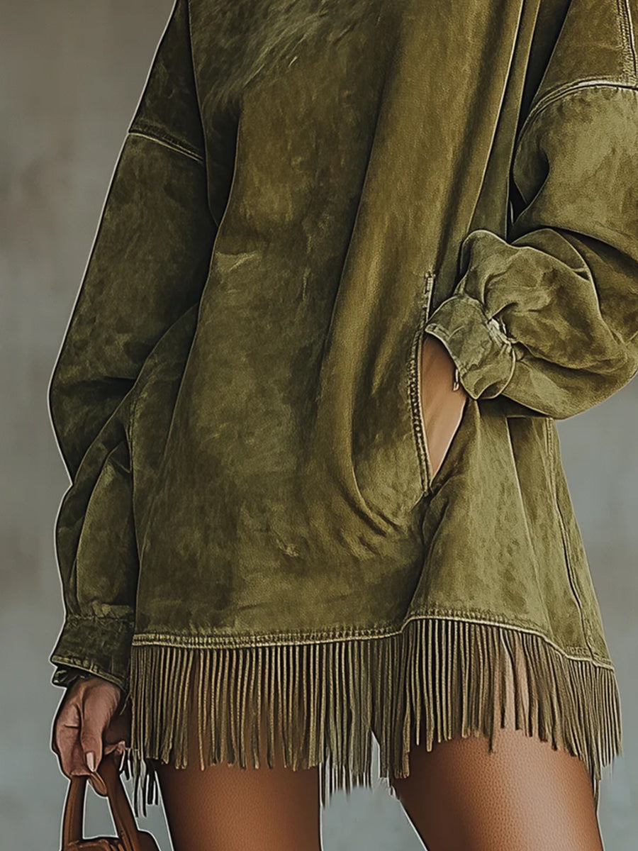Western Army Green Suede High Neck Long Sleeve Pockets Fringe Hem Mini Dress
