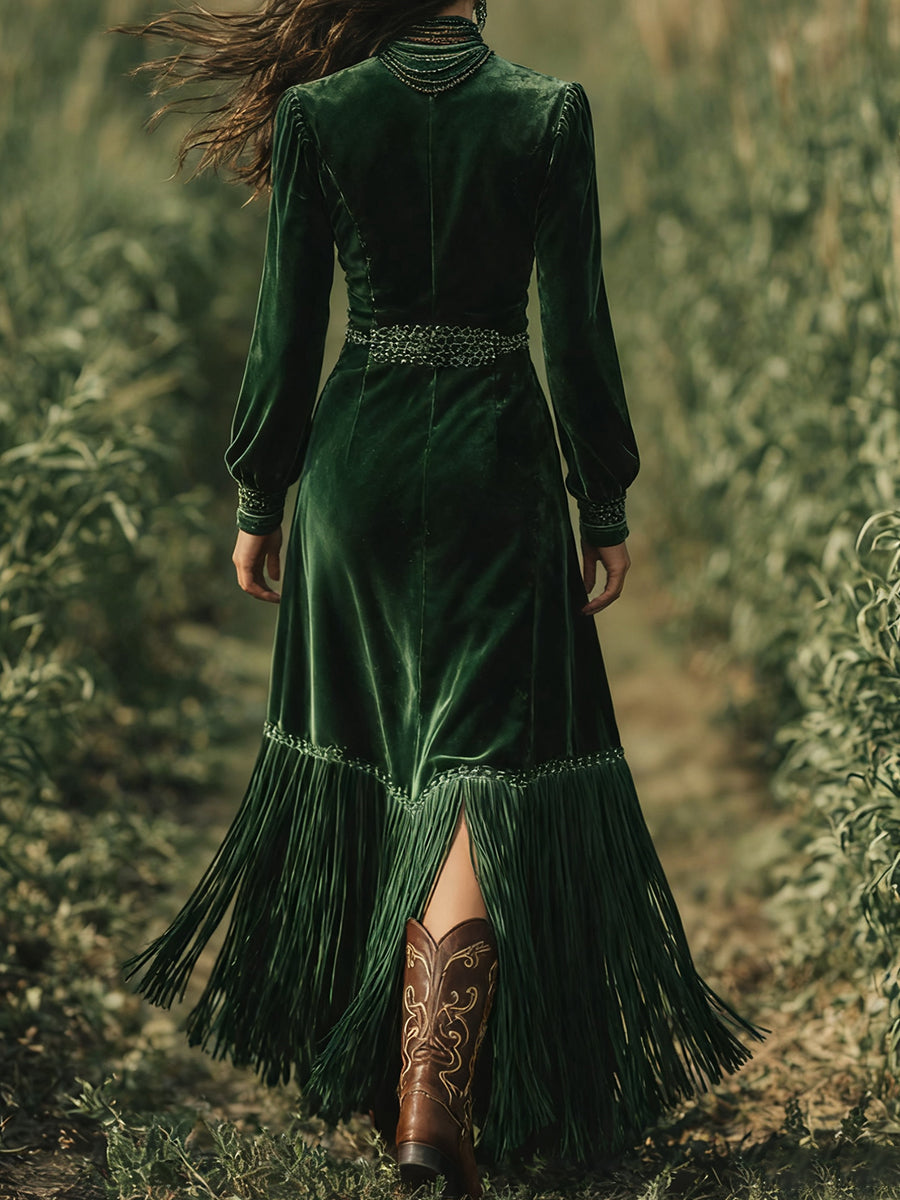Ursiime Boho V Neck Long Sleeve Fringe Hem Velvet Maxi Dress
