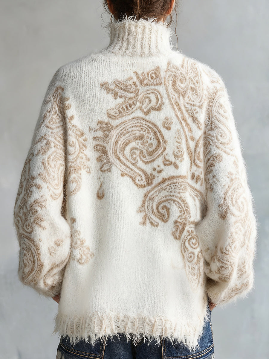 Ursiime Casual Beige High Neck Paisley Pattern Long Sleeve Raw Edge Sweater
