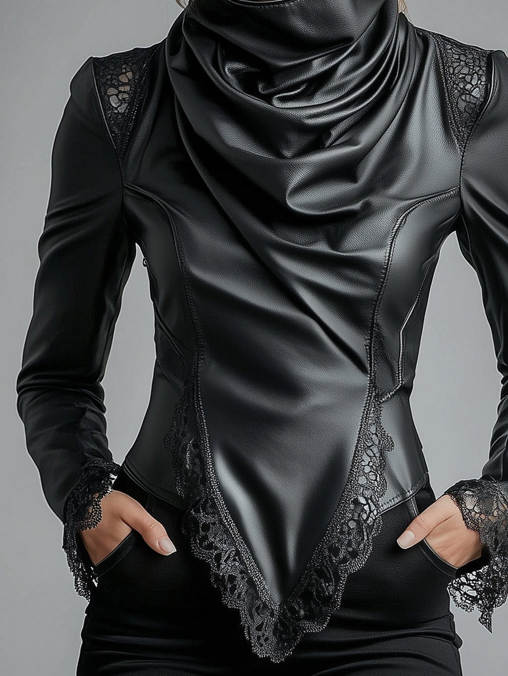 Ursiime High Neck Lace Trim Long Sleeve PU Leather Blouse