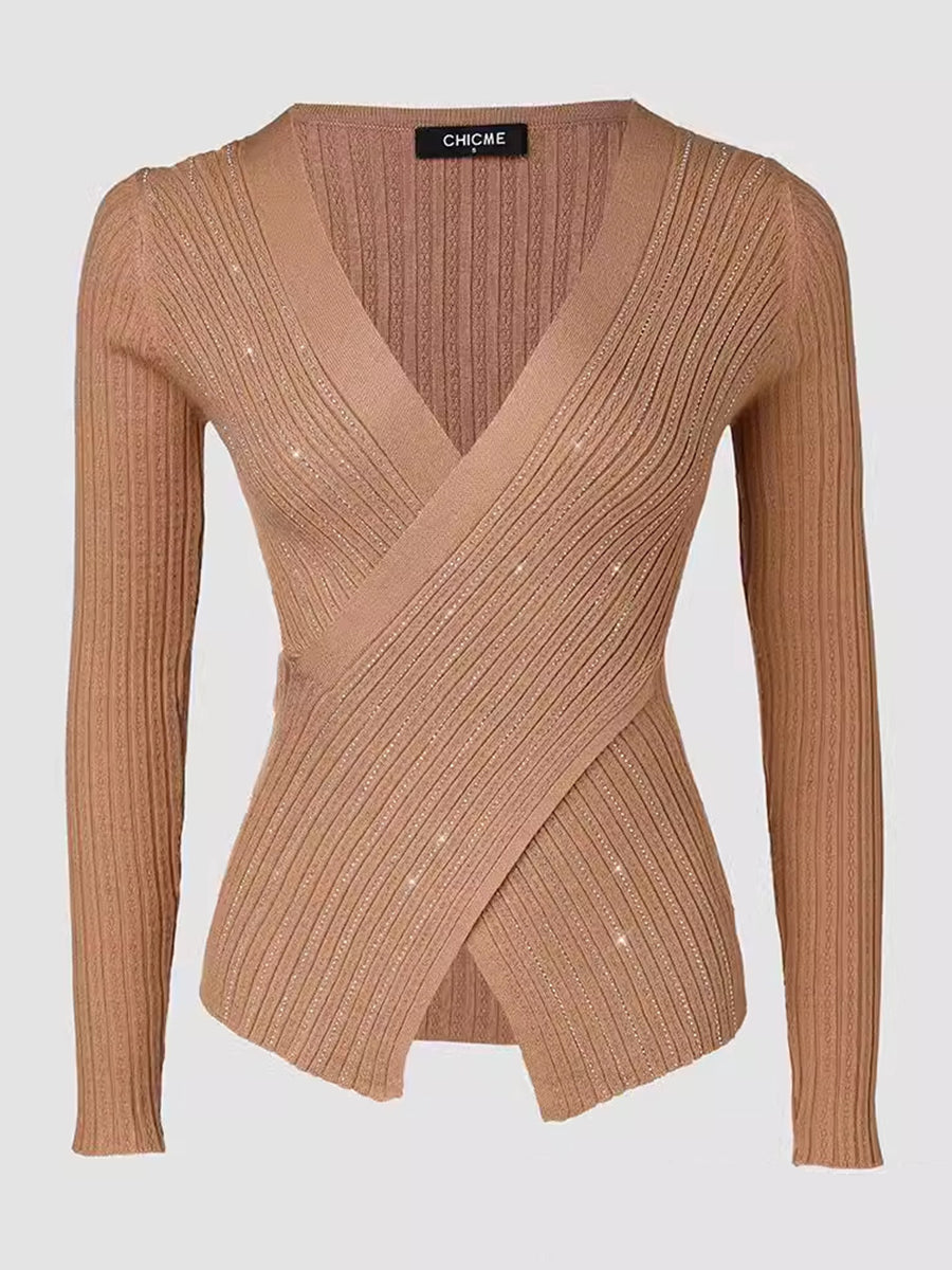 Casual Khaki Wrap V Neck Long Sleeve Rhinestone Crossover Hem Ribbed Knit Top