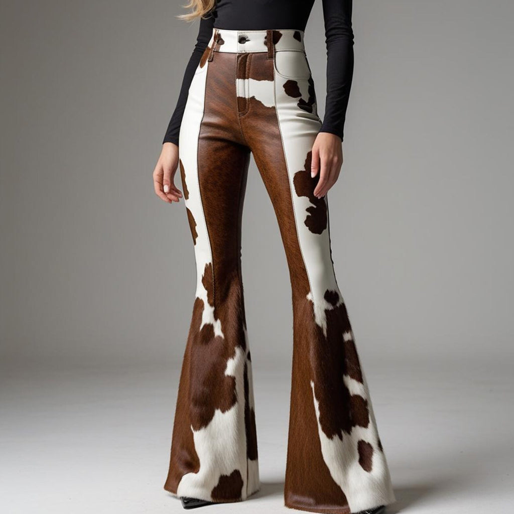 Western Cow Pattern High Rise Bell Bottom Pants