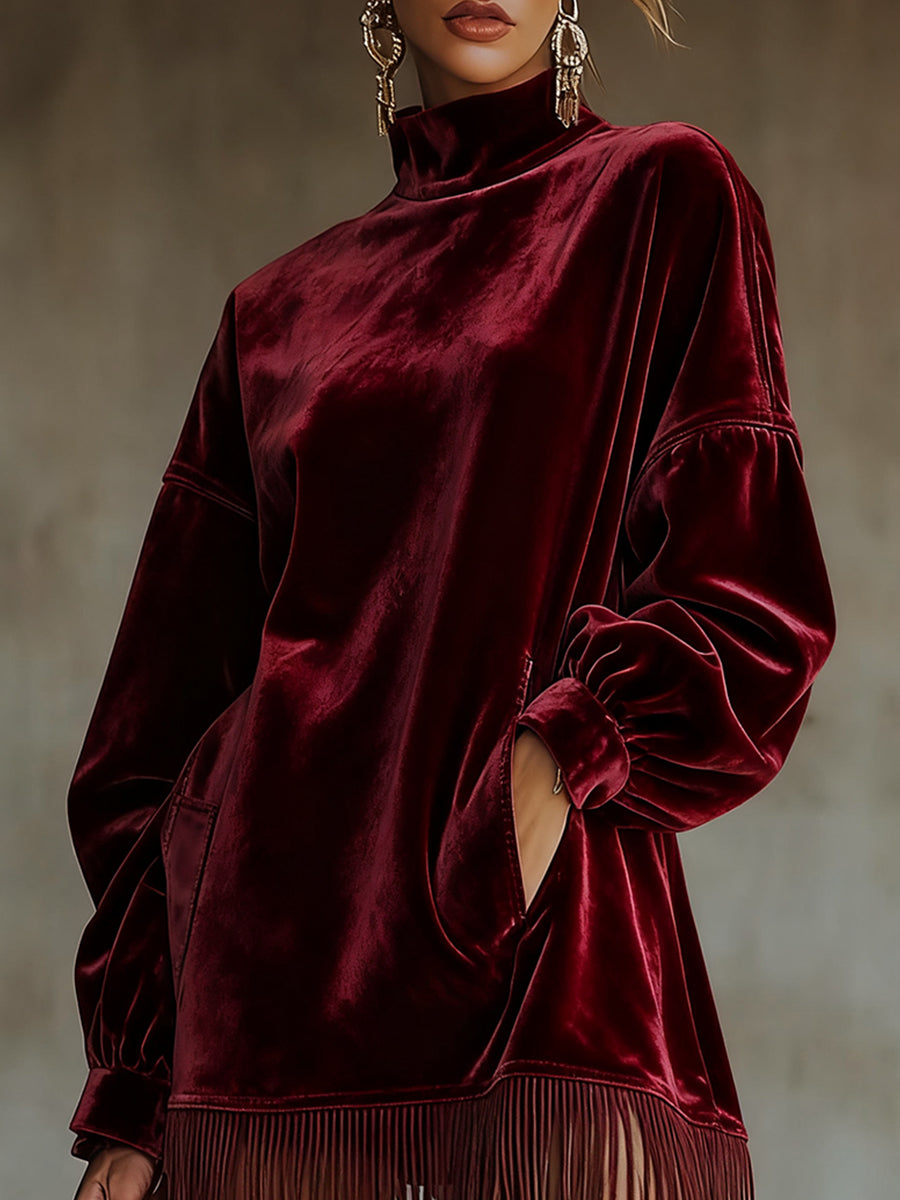 Ursiime Party Burgundy High Collar Long Sleeve Strappy Elegant Pocket Velvet Mini Dresses