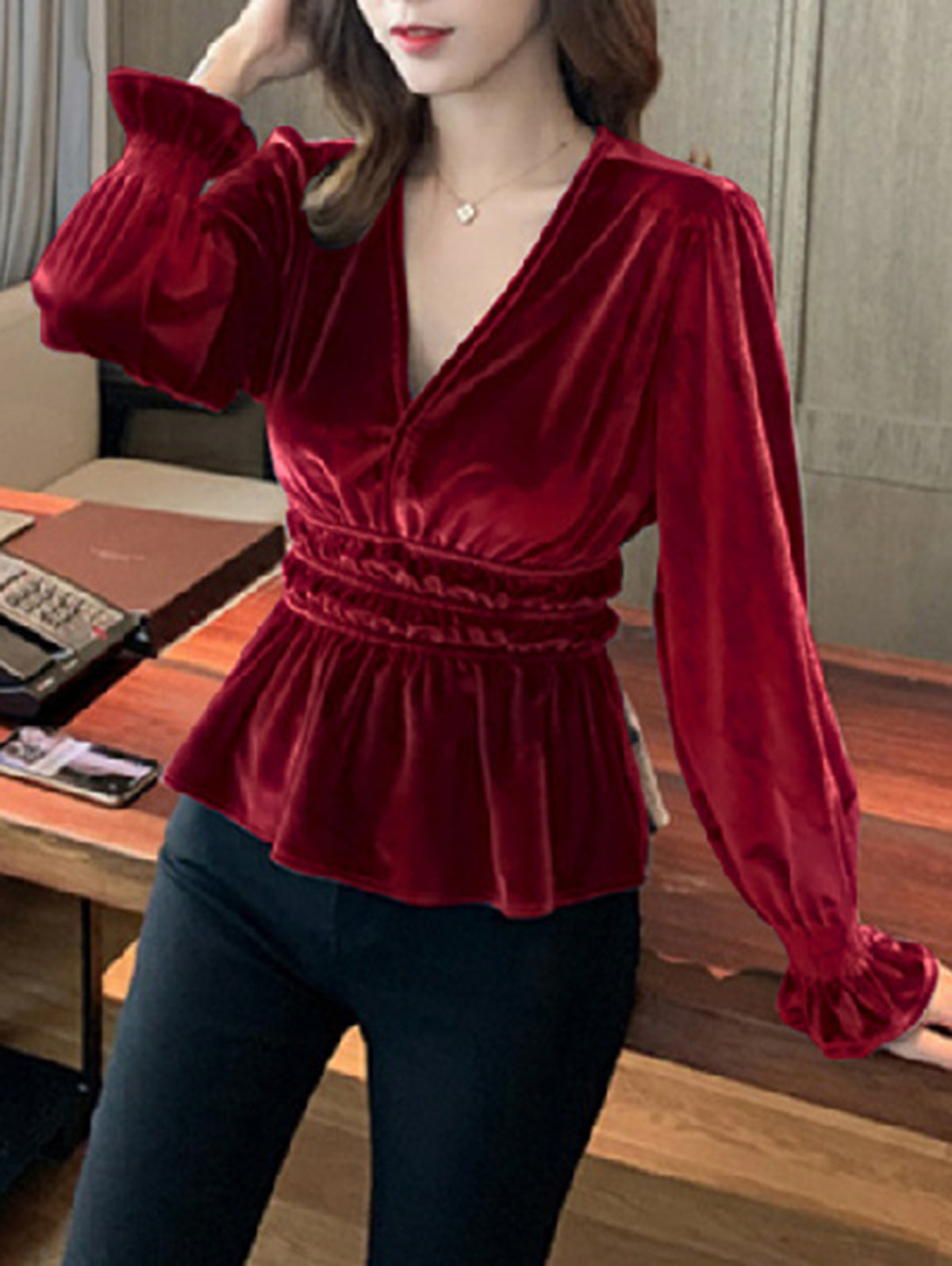 Elegant V Neck Long Sleeve Ruffle Peplum Velvet Blouse