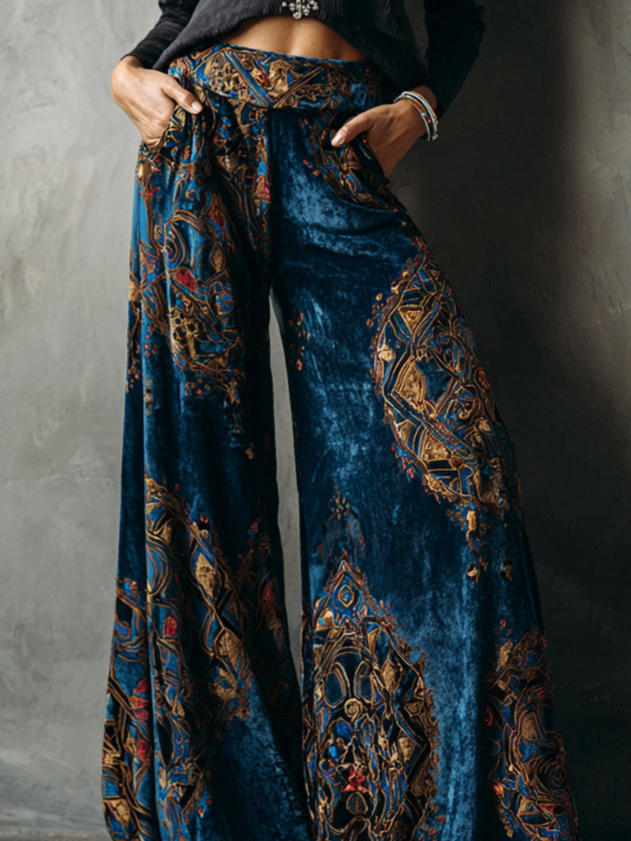 Ursiime Velvet Ethnic Print High Rise Slant Pocket Wide Leg Pants