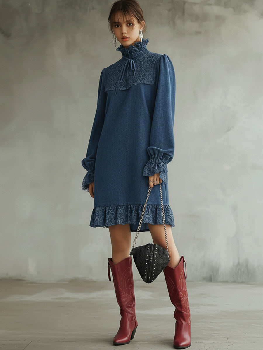 Ursiime Daily Blue High Collar Long Sleeve Contrast Casual Tencel Denim Mini Dresses [Pre-Order]