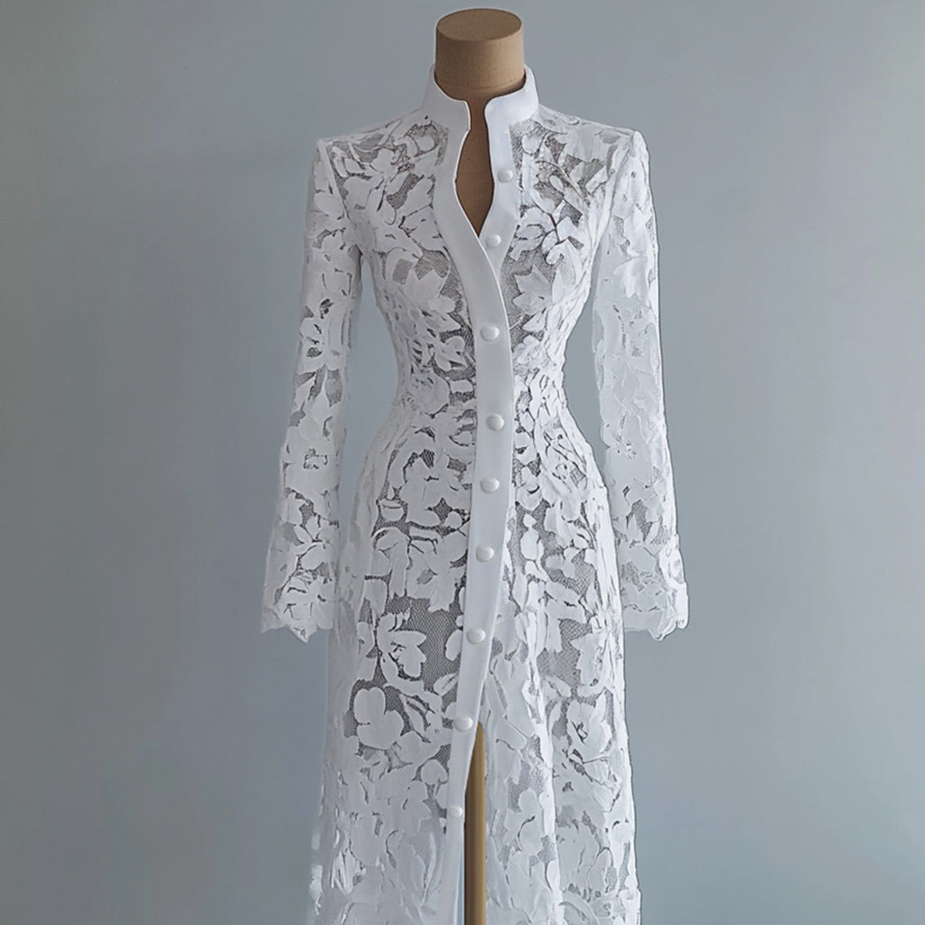 Ursiime Lace Stand Collar Button Long Sleeve Coat Midi Dress