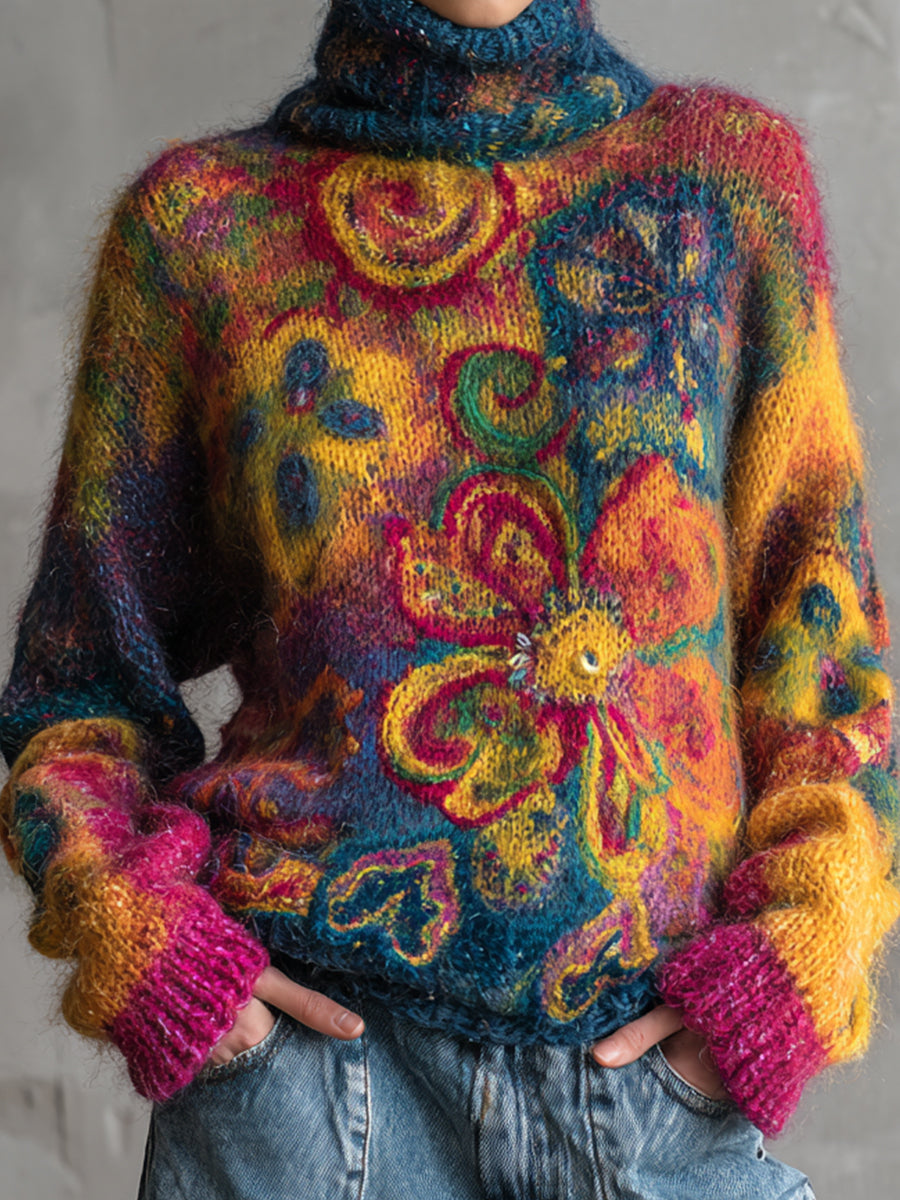 Ursiime Daily Multicolor Tribal High Collar Long Sleeve Boho Mohair Sweaters