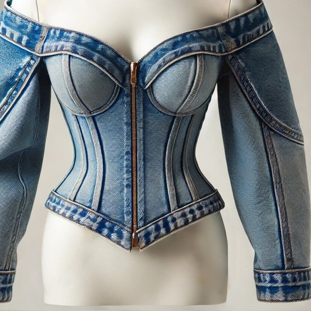 Ursiime Denim Off The Shoulder Zip Up Long Sleeve Blouse