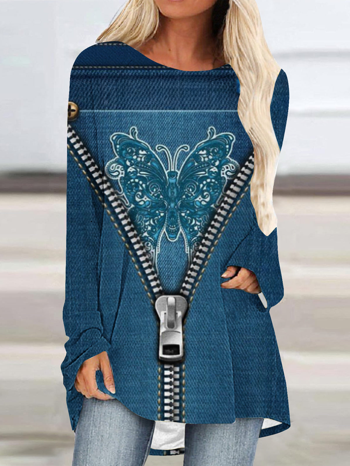 Crew Neck Long Sleeve Denim Pattern Mid-length Blouse