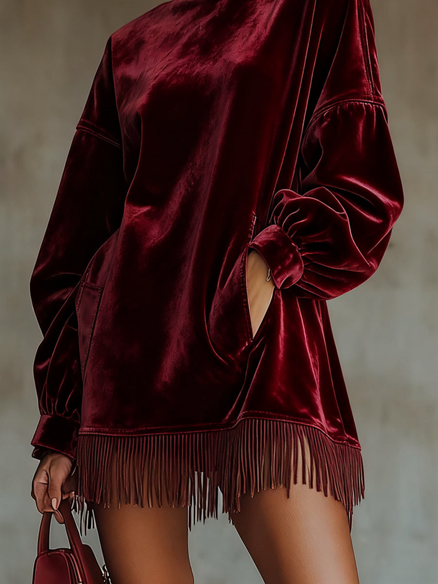 Ursiime Party Burgundy High Collar Long Sleeve Strappy Elegant Pocket Velvet Mini Dresses