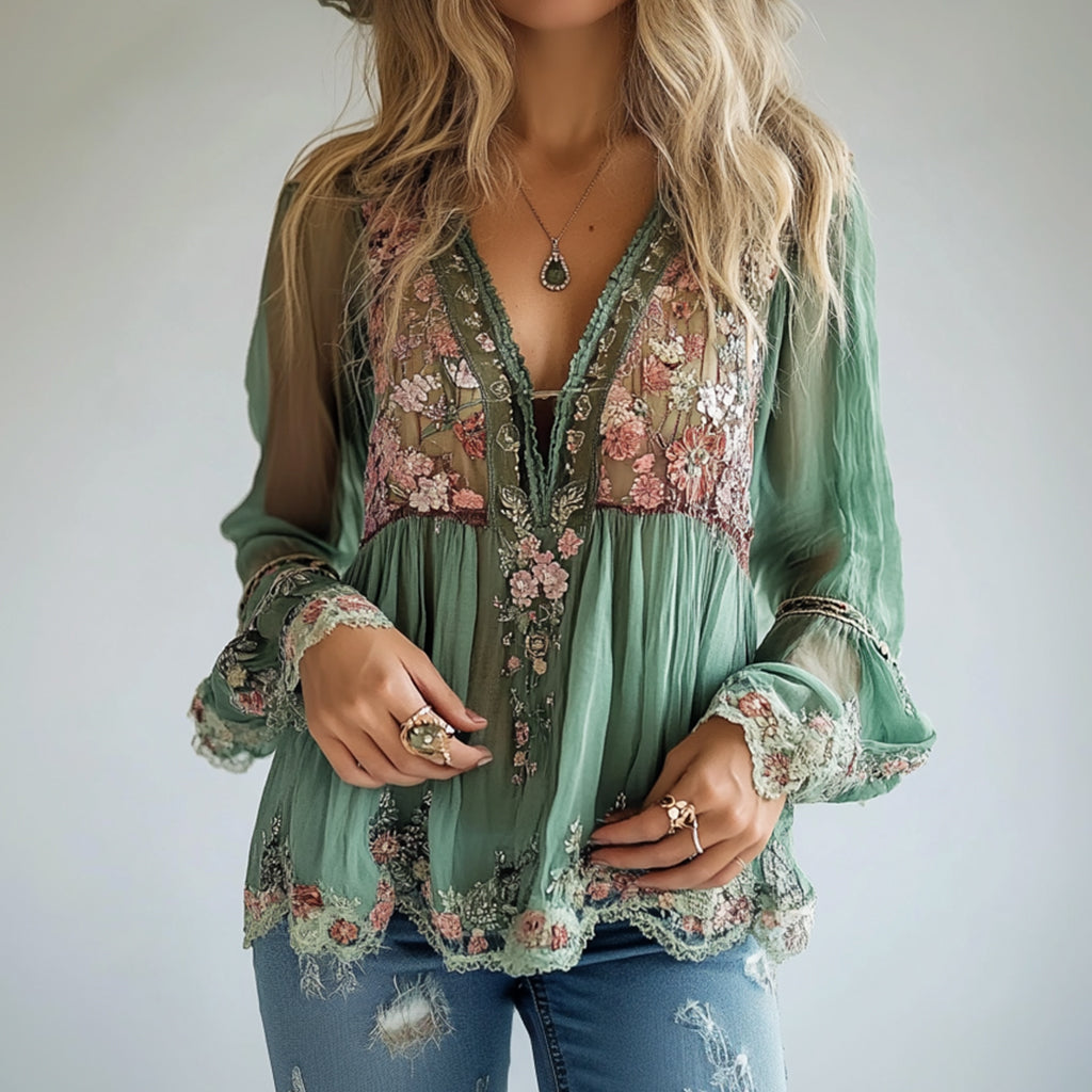 Ursiime Floral Pattern V Neck Semi-Transparent Long Sleeve Blouse