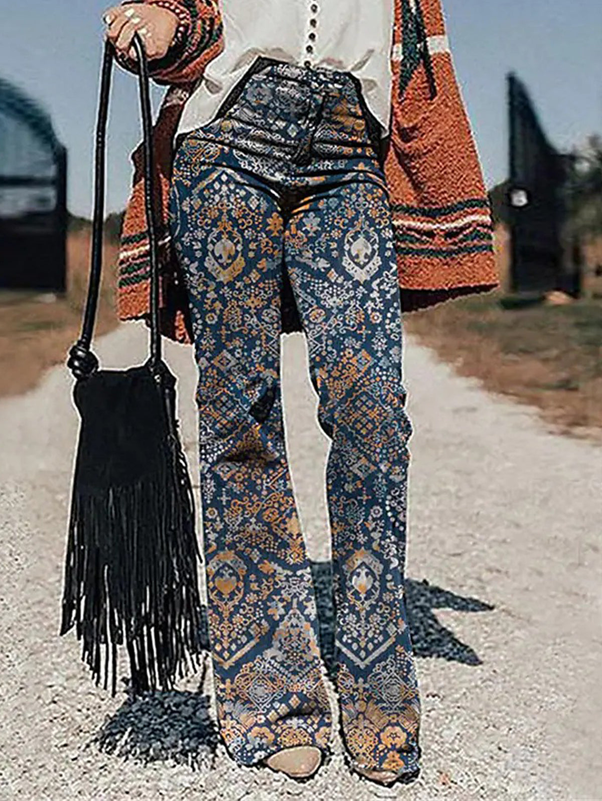 Vintage Allover Pattern High Waist Slant Pocket Flare Leg Pants