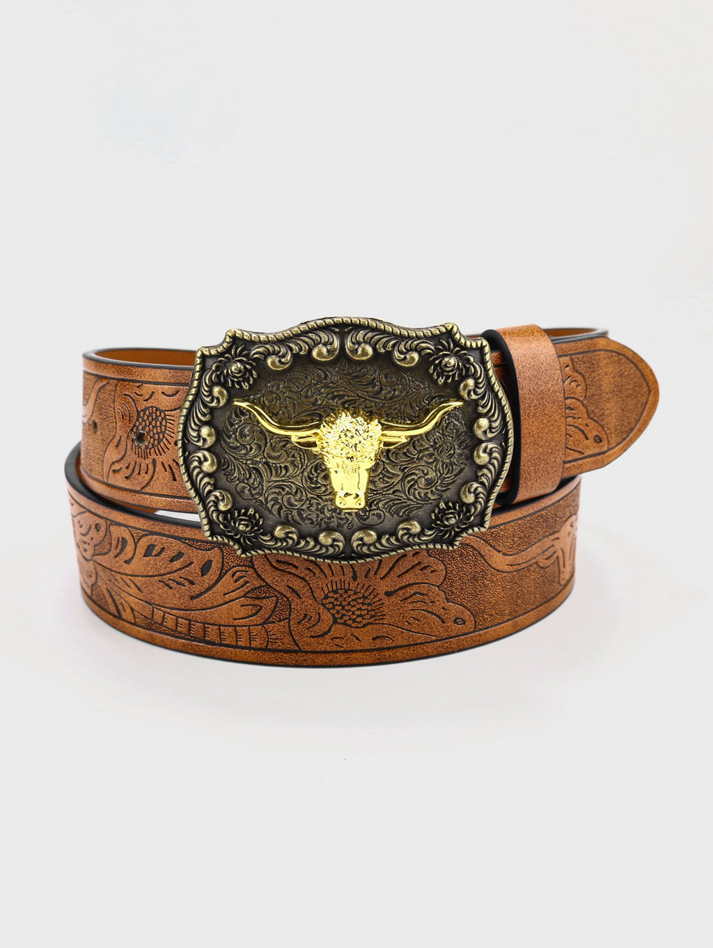 Western Metal Bull Head Beaded Embossed PU Leather Belt