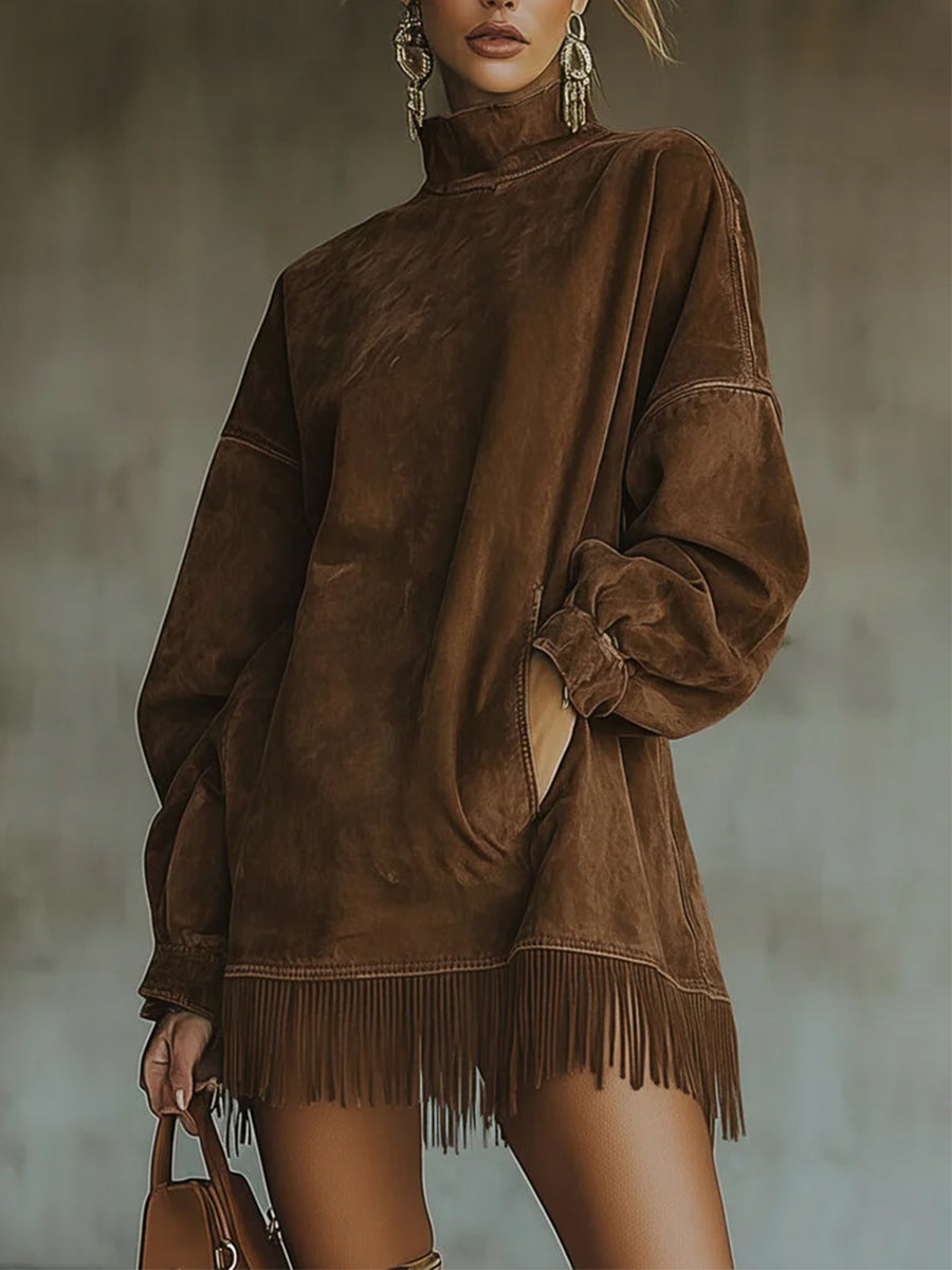 Western Army Green Suede High Neck Long Sleeve Pockets Fringe Hem Mini Dress