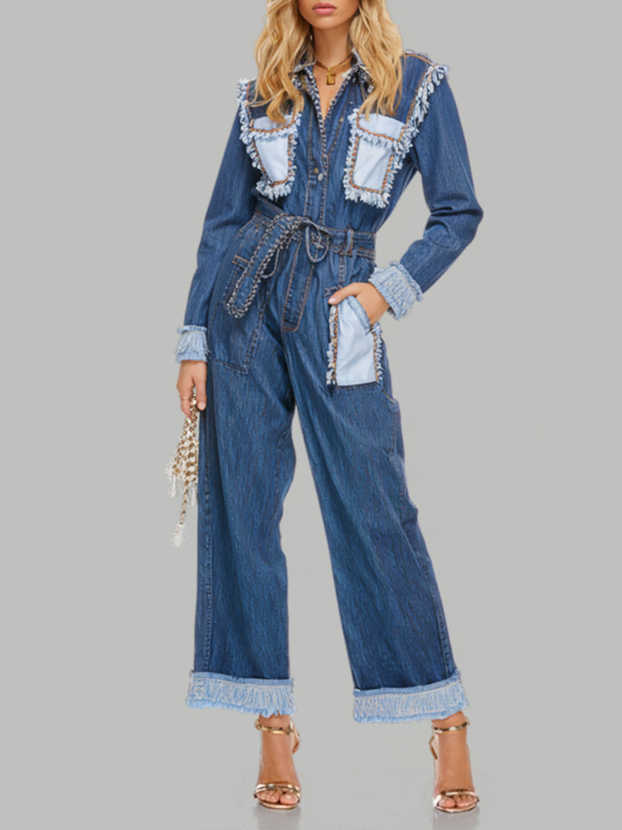 Ursiime Business Casual Blue Colorblock Shirt Collar Long Sleeve Pocket Casual Contrast Denim Jumpsuits