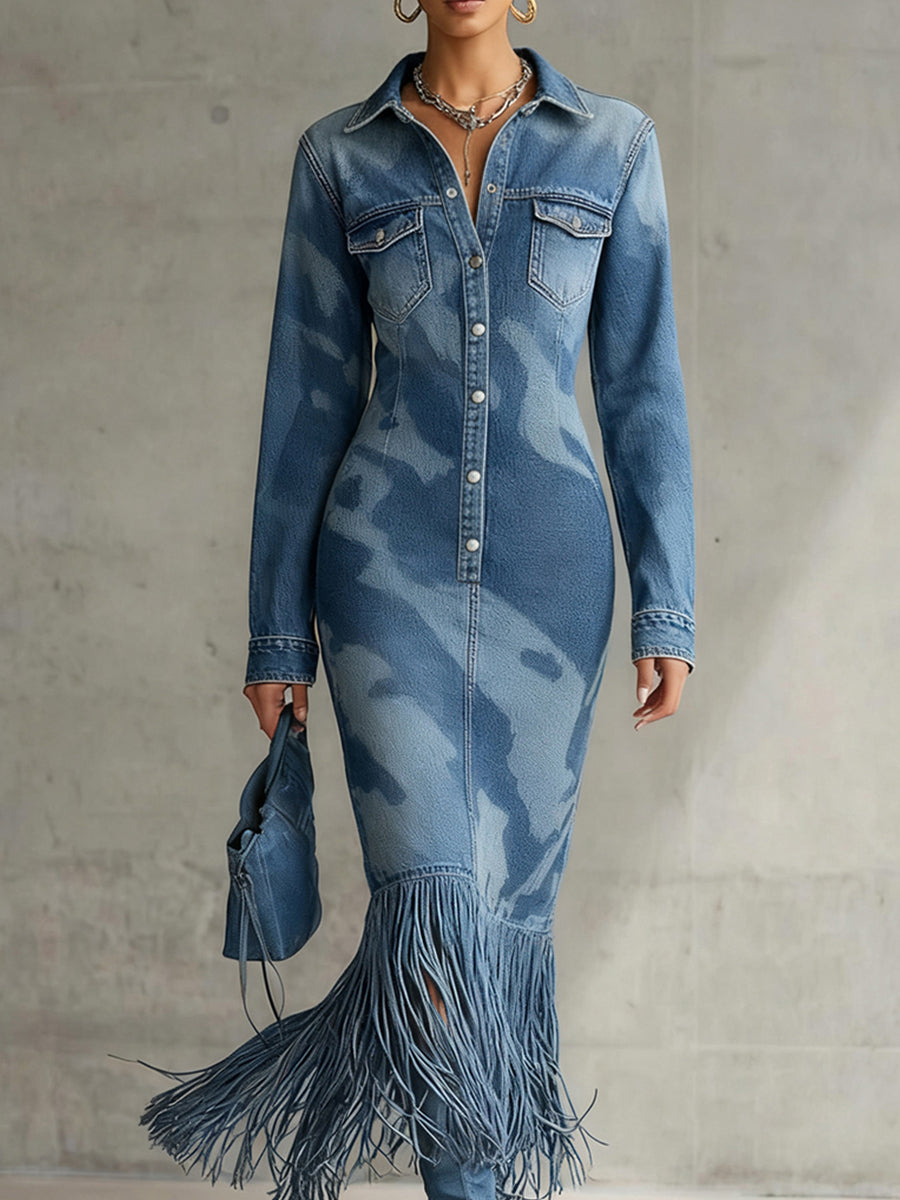 Ursiime Party Blue Camo Shirt Collar Long Sleeve Strappy Vintage Pocket Denim Midi Dresses [Pre-Order]