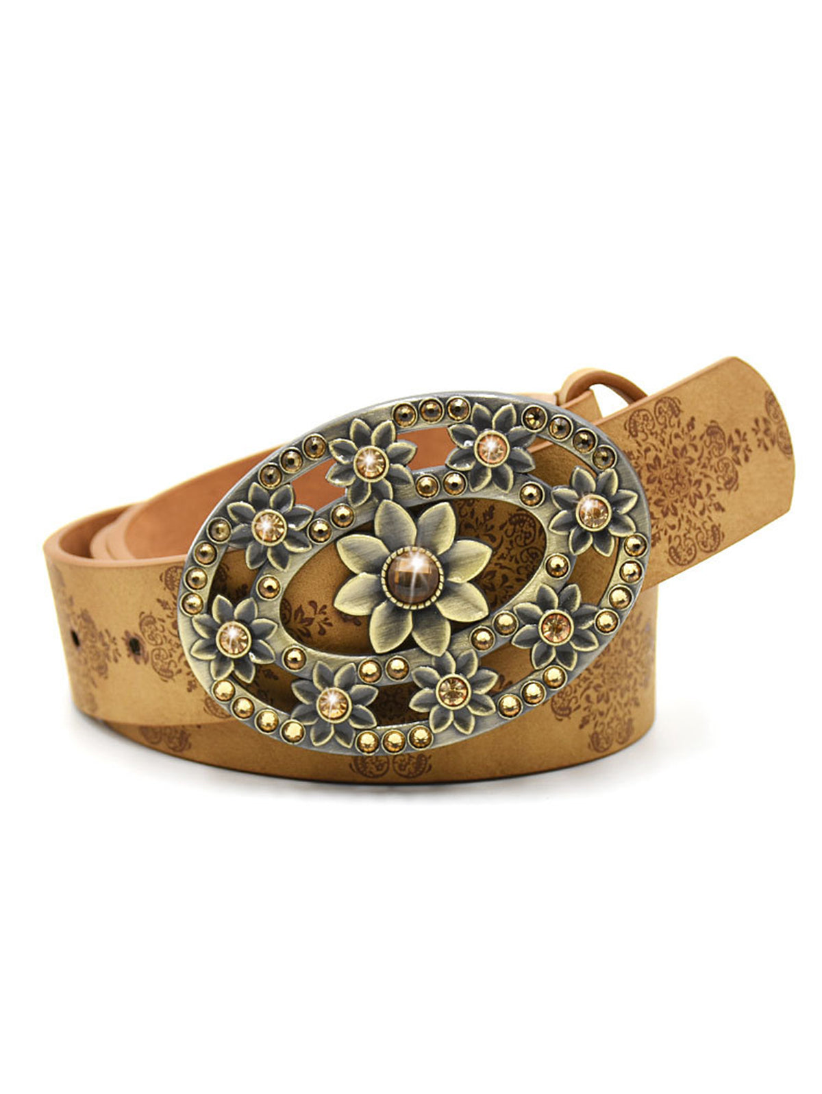 Retro Rhinestone Floral Buckle PU leather Belt