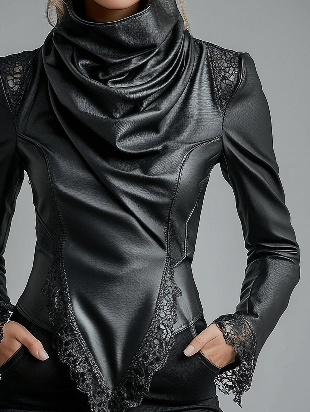 Ursiime High Neck Lace Trim Long Sleeve PU Leather Blouse