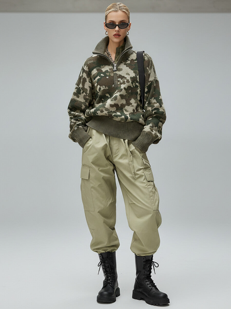 Ursiime Daily Army Green Camo High Collar Long Sleeve Zipper Casual Sweaters