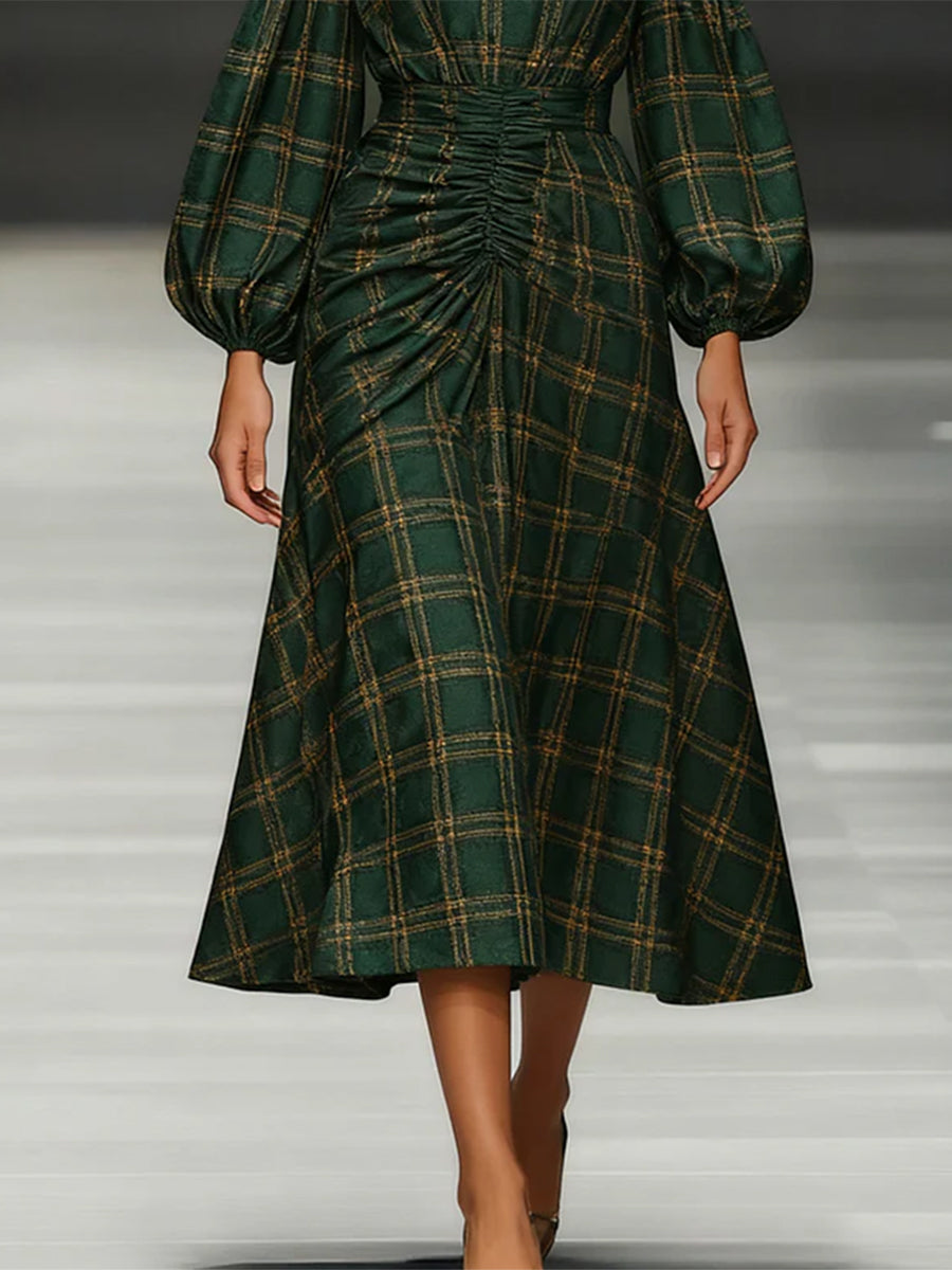 Ursiime Christmas Green Plaid Off The Shoulder Lantern Sleeve Long Sleeve Fold Elegant Midi Dresses [Pre-Order]