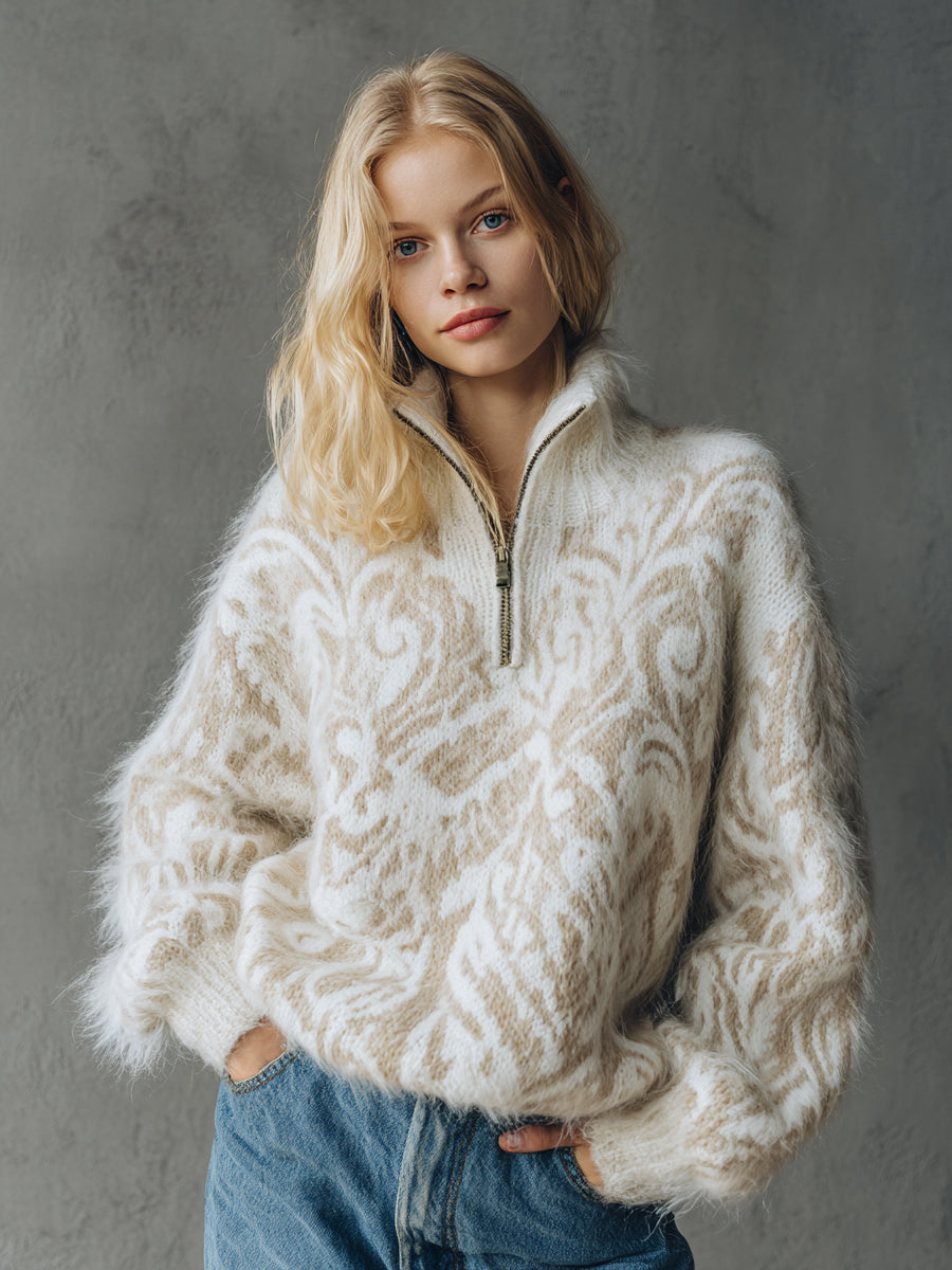 Ursiime Beige Fuzzy Knit Jacquard Stand Collar Half-Zip Long Sleeve Sweater