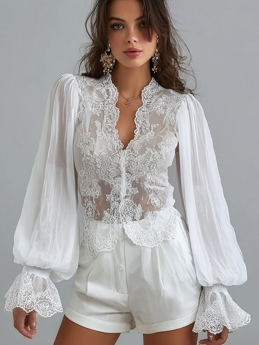 Ursiime Daily Chiffon White V Neck Puff Sleeve Long Sleeve See Through Casual Lace Blouses [Pre-Order]