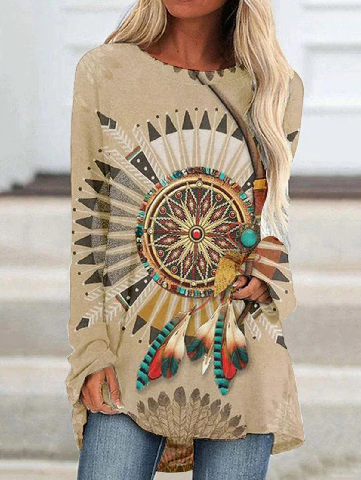 Ethnic Retro Print Crew Neck Long Sleeve T-Shirt