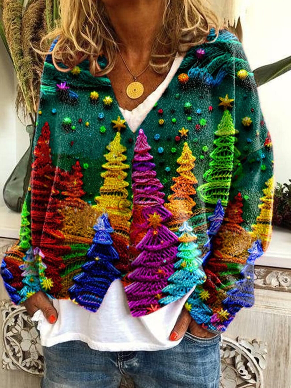 Casual Floral Pattern Three Button Knit Sweater Cardigan