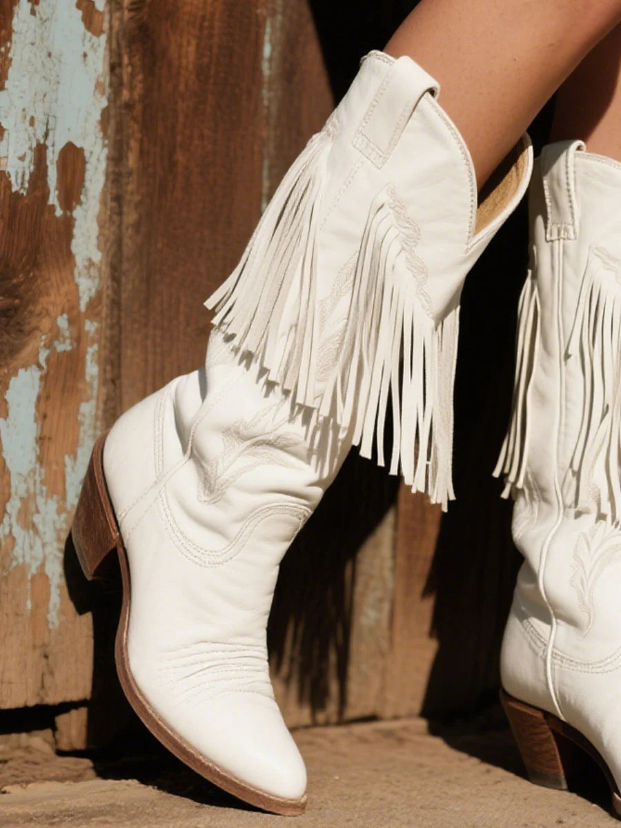 Western White Fringe Embroidery Pointed Toe Mid-Calf Knight Boots