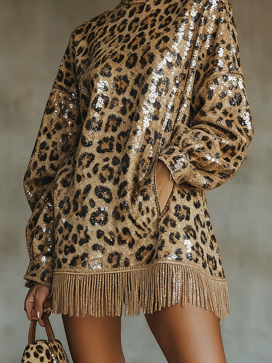 Ursiime Party Metallic Brown Leopard High Collar Lantern Sleeve Long Sleeve Strappy Vintage Pocket Sequin Mini Dresses [Pre-Order]