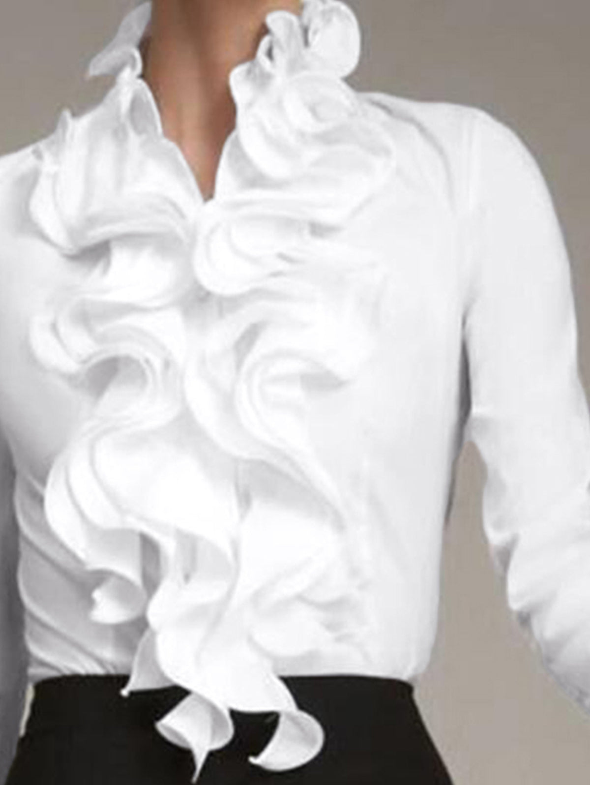 Elegant Solid Color Stand Collar Long Sleeve Ruffle Blouse