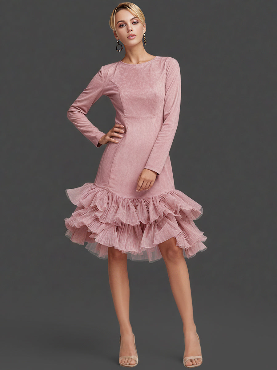 Ursiime Party Brown Round Neck Long Sleeve Ruffle Western Tiered Mini Dresses [Pre-Order]