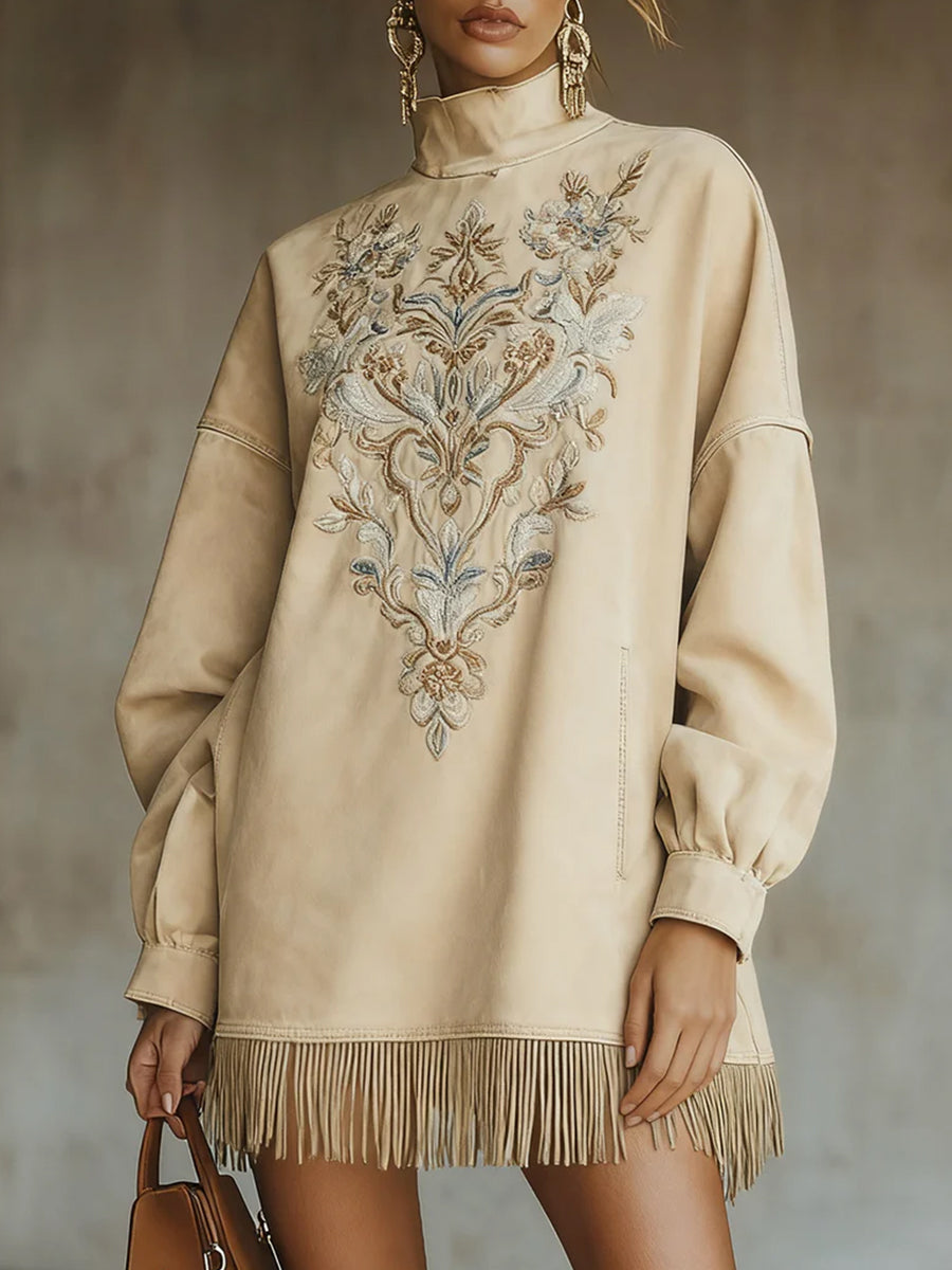 Ursiime Festival Beige High Collar Long Sleeve Embroidery Western Pocket Chamois Mini Dresses
