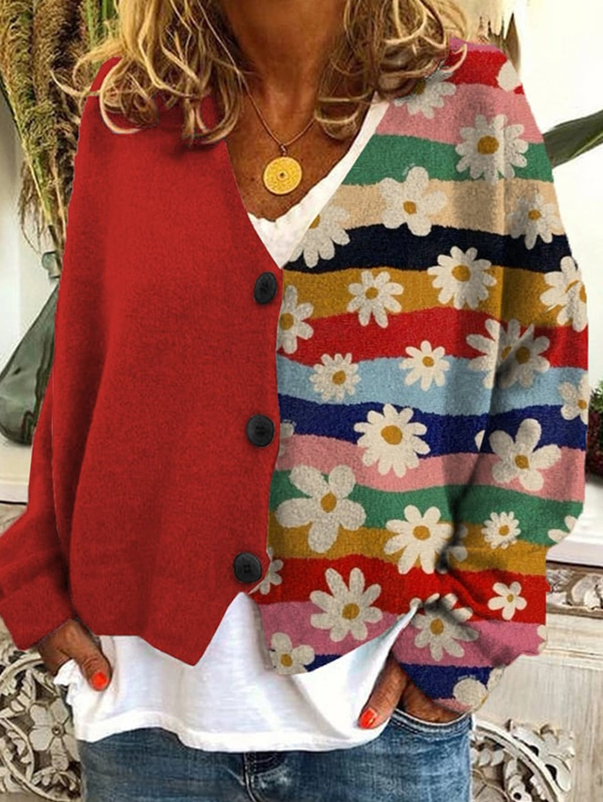 Casual Floral Pattern Three Button Knit Sweater Cardigan
