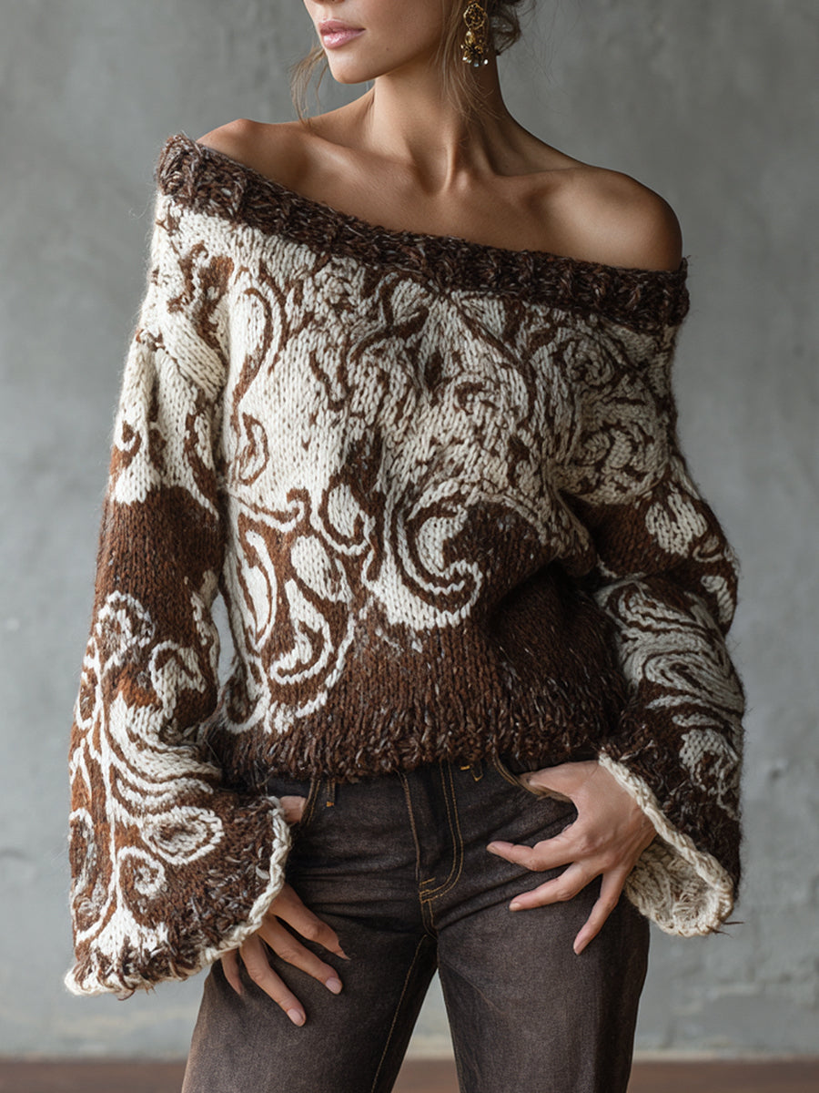 Ursiime Daily Brown Paisley Off The Shoulder Flare Long Sleeve Jacquard Casual Crochet Sweaters