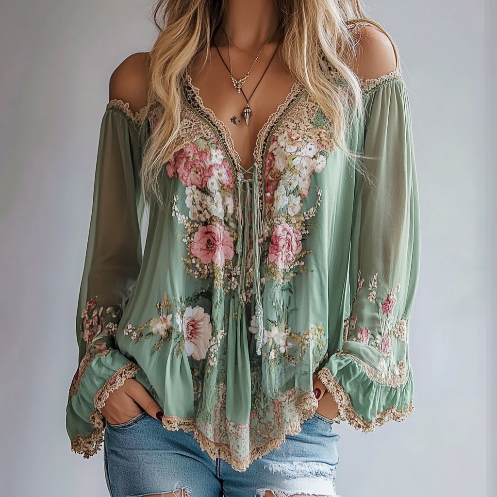 Ursiime Floral Cold Shoulder Lace Trim Ruffle Long Sleeve Blouse