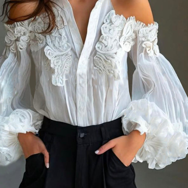 Ursiime Shirt Collar Cold Shoulder Puff Sleeve Button Blouse