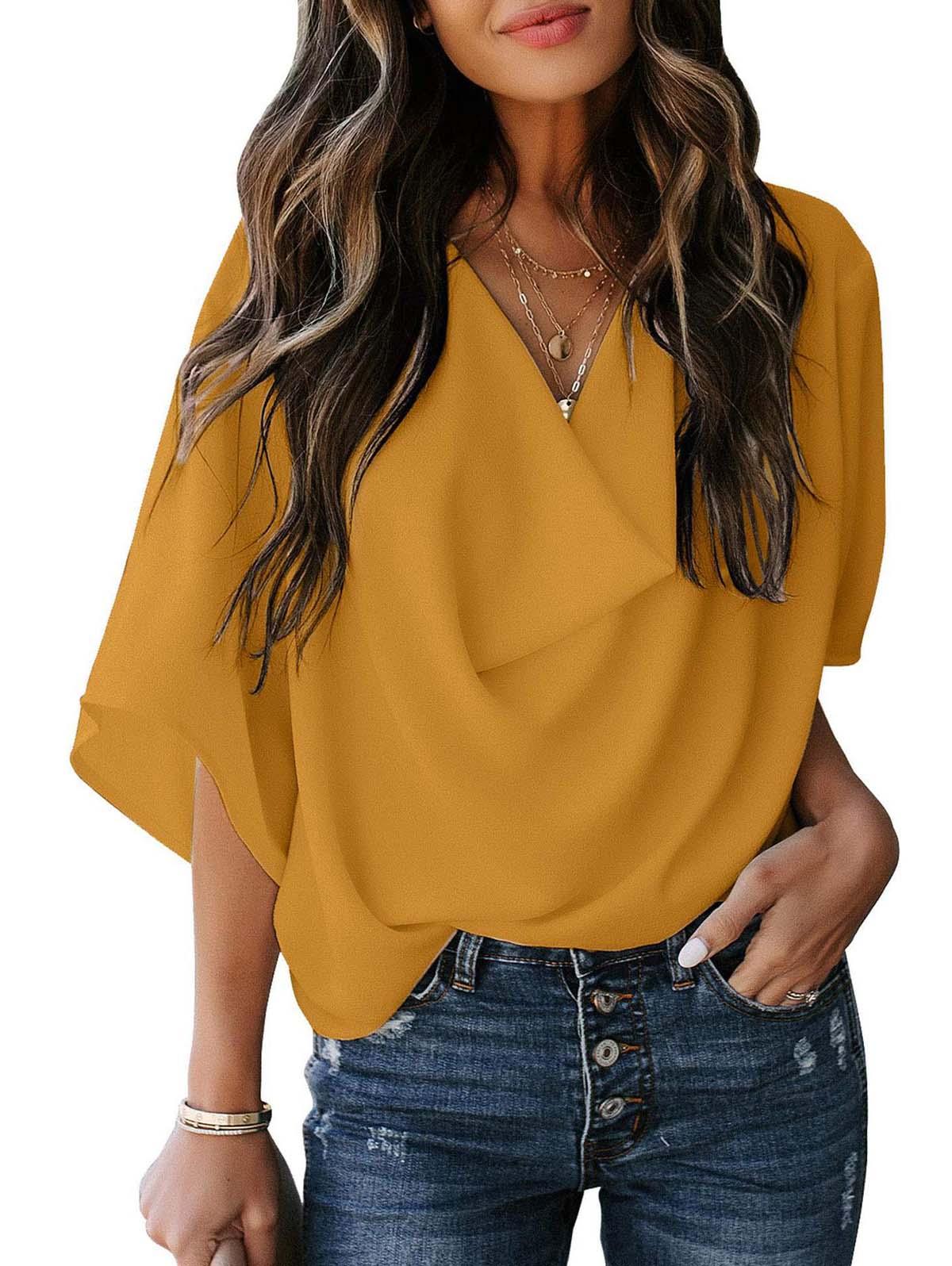 Solid Drape Neck Casual Chiffon Top