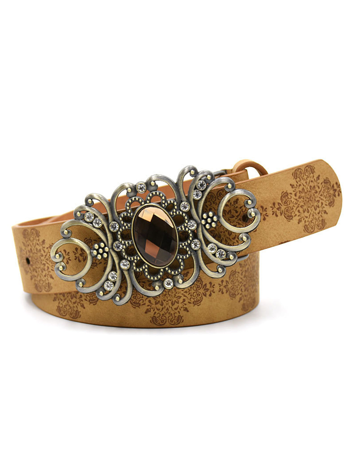 Retro Rhinestone Floral Buckle PU leather Belt