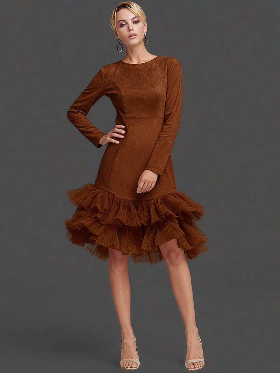 Ursiime Party Brown Round Neck Long Sleeve Ruffle Western Tiered Mini Dresses [Pre-Order]