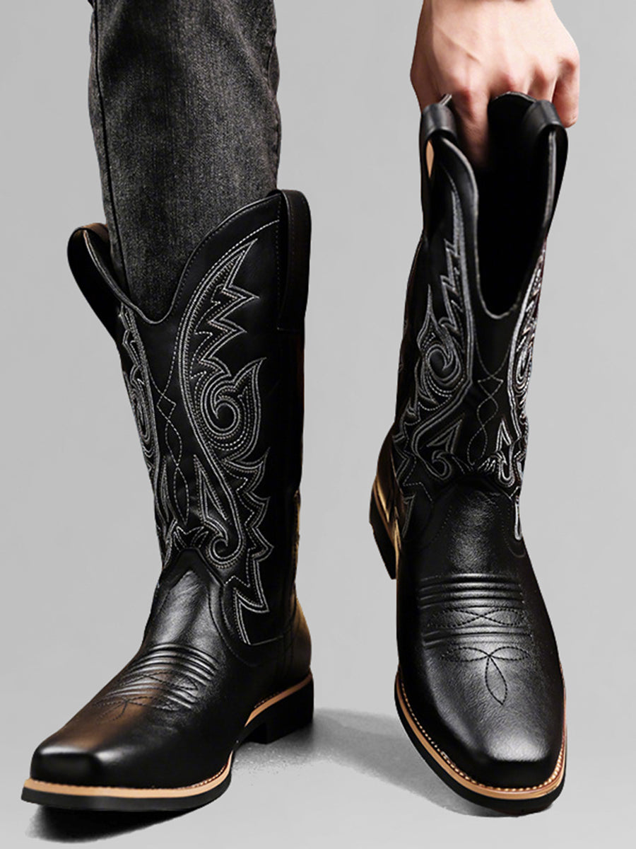 Retro Brown PU Leather Embroidered Square Toe Western Cowboy Boots