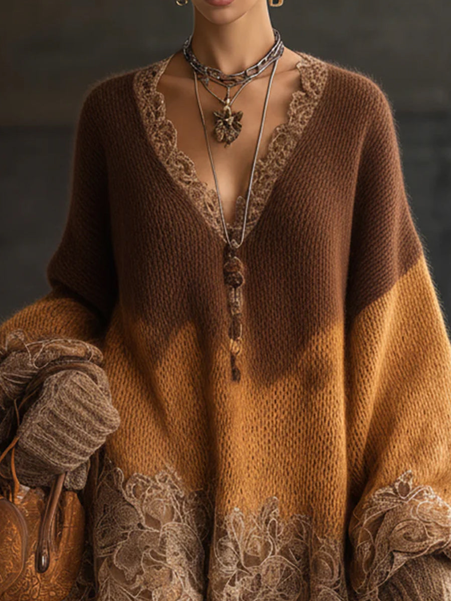 Ursiime Party Lace Brown Colorblock V Neck Lantern Sleeve Long Sleeve Contrast Boho Knitted Mini Dresses