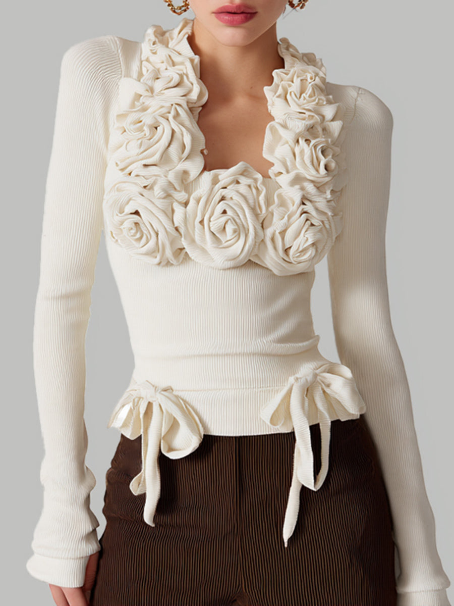 Ursiime Daily White Square Neck Long Sleeve 3D Casual Blouses