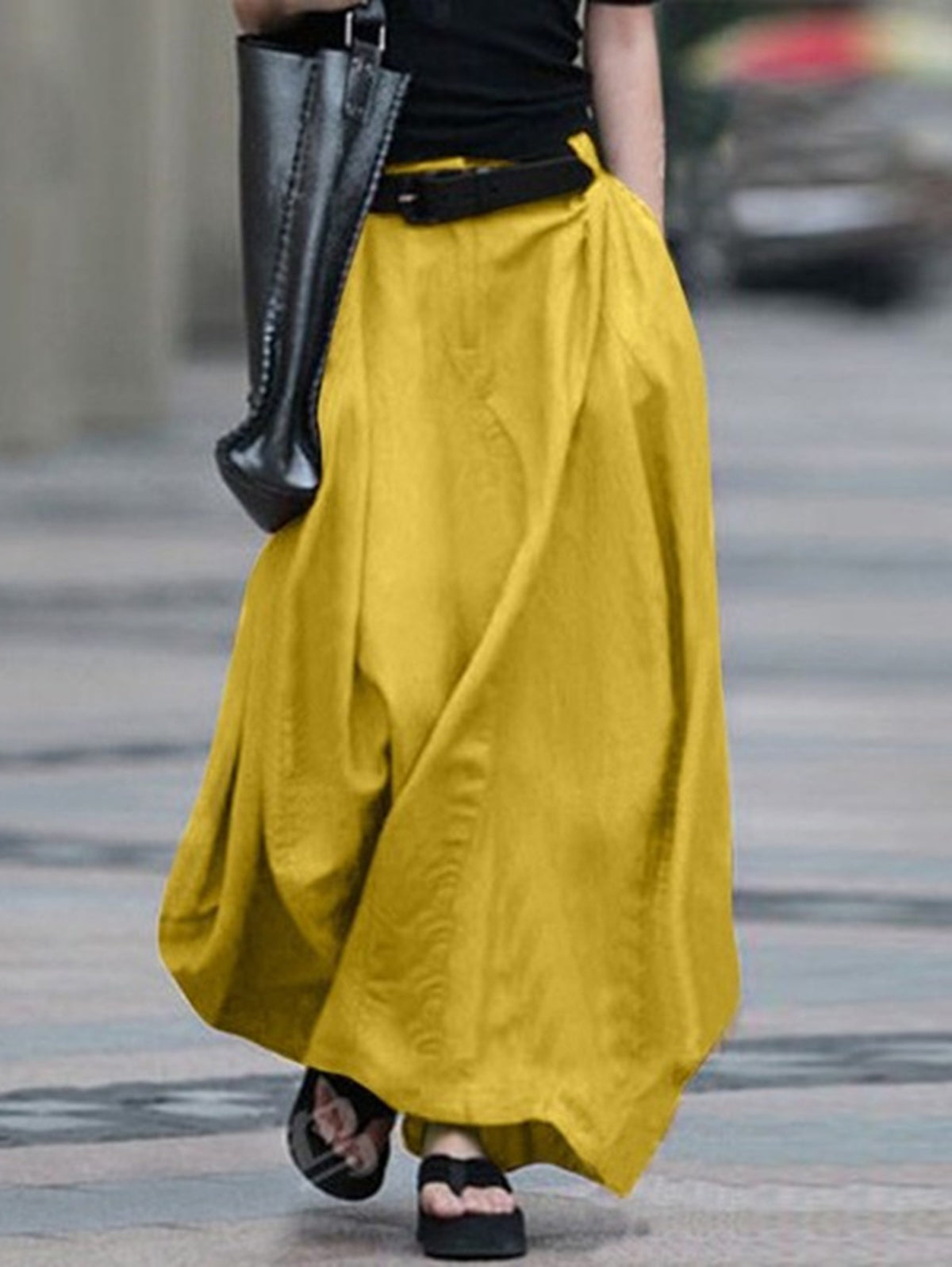 Casual Loose Pocket Solid Color Maxi Skirt