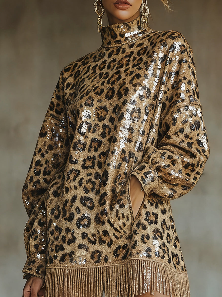Ursiime Party Metallic Brown Leopard High Collar Lantern Sleeve Long Sleeve Strappy Vintage Pocket Sequin Mini Dresses [Pre-Order]